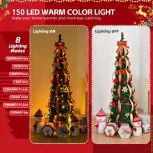 Árbol de Navidad artificial premium de 6 pies, árbol de Navidad emergente, árbol de Navidad artificial con 150 luces cálidas, adornos rojos y dorados para decoración navideña en interiores y exteriores - Verde - Ver 3