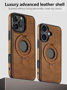 手机支架复古 PU 皮革磁性手机壳适用于 16 15 14 Plus 13 12 Pro Max - 带隐形指环支架支持无线充电防水防震防摔防刮 - 棕色 - 查看 2