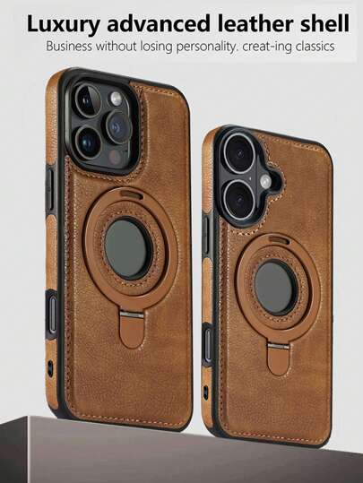 Phone Holder Retro PU Leather Magnetic Phone Case Compatible With IPhone 16 15 14 Plus 13 12 Pro Max - With Invisible Ring Holder Support Wireless Charging Waterproof Shockproof Anti-Fall Scratch Resistant