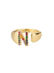 1 Pc Fashion Colorful Zirconia A-Z Letter Ring For Women Gold Color Stainless Steel Geometric Open Initial Ring Wedding Engagement Jewelry Party Gift