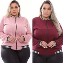 Kit 2 Plus Size Women's Bomber Jacket With Zipper G1 G2 G3 - 玫瑰與葡萄酒 - 查看 1