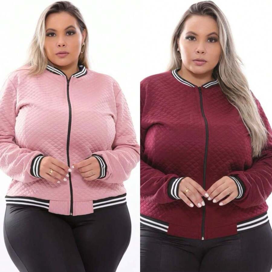 Kit 2 Plus Size Women's Bomber Jacket With Zipper G1 G2 G3 - 玫瑰與葡萄酒 - 查看 1