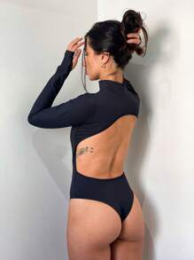 Body Feminino Costas Nuas Manga Longa Gola Alta Poliamida Proteção UV Look Festival Sexy Confortável