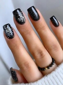 24 Móng tay giả hình vuông ngắn họa tiết bông tuyết đen trang trí Giáng sinh, kèm theo 1 keo dán và 1 dũa móng, thích hợp cho việc mua sắm, du lịch, nghỉ dưỡng, v.v. Đồ dùng làm móng - Nhiều màu - Xem 1