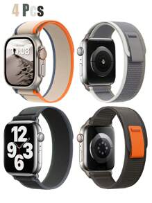 4PCS Compatible With Apple Watch Straps Men's And Women's 4-Color Combination Set Sports Breathable Soft Nylon Material Loop Hook And Loop Self-Adhesive Straps Compatible With Apple Watch 38/40/41/42/44/45/46/49mm42 (Series10) Straps Compatible With Apple Watch Ultra/10/9/8/7/6/5/SE/4/3 Straps Anti-Fouling, Sweat-Proof, Washable Easy To Wear And Replace Straps