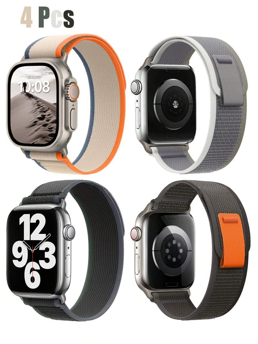 4PCS Compatible With Apple Watch Straps Men's And Women's 4-Color Combination Set Sports Breathable Soft Nylon Material Loop Hook And Loop Self-Adhesive Straps Compatible With Apple Watch 38/40/41/42/44/45/46/49mm42 (Series10) Straps Compatible With Apple Watch Ultra/10/9/8/7/6/5/SE/4/3 Straps Anti-Fouling, Sweat-Proof, Washable Easy To Wear And Replace Straps