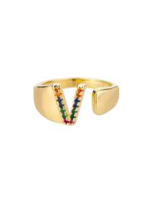 1 Pc Fashion Colorful Zirconia A-Z Letter Ring For Women Gold Color Stainless Steel Geometric Open Initial Ring Wedding Engagement Jewelry Party Gift