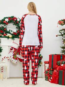 2 Peças Conjunto de Pijamas de Natal Feminino, Top de Manga Longa com Estampa Fofa de Papai Noel e Xadrez, e Calça Confortável para Feriados - Vermelho e Branco - Visão 2