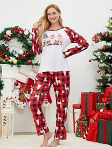 2 Peças Conjunto de Pijamas de Natal Feminino, Top de Manga Longa com Estampa Fofa de Papai Noel e Xadrez, e Calça Confortável para Feriados - Vermelho e Branco - Visão 4