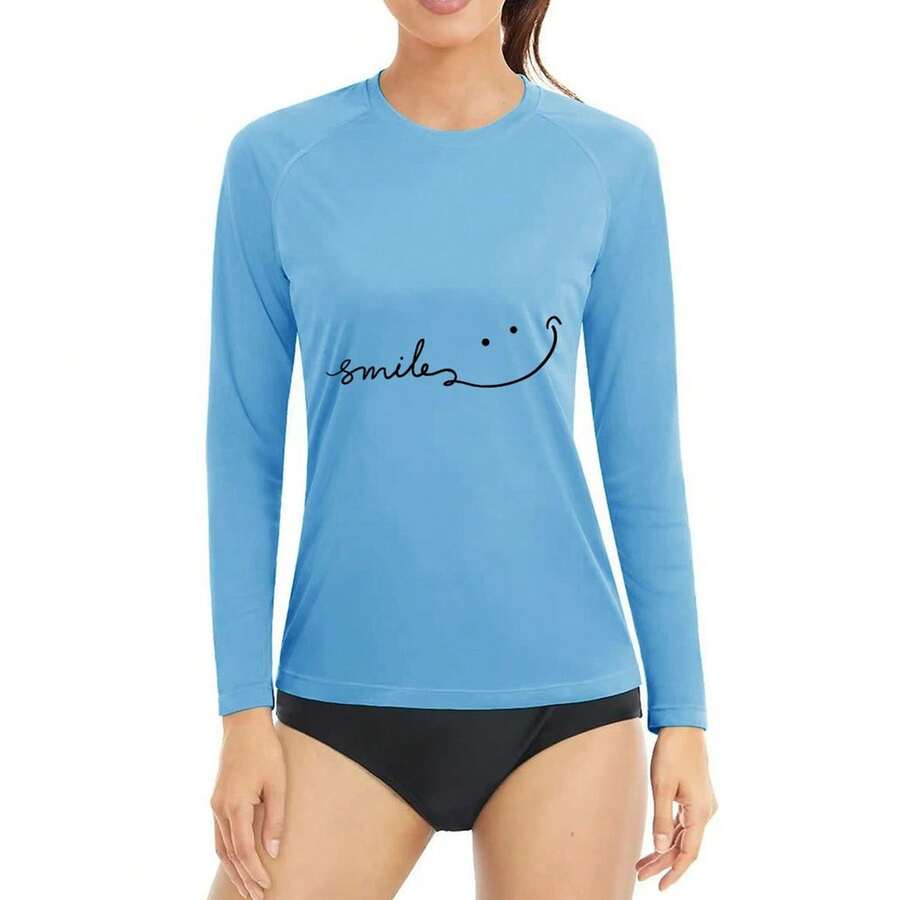 Spring And Fall Thin Tops Printed Long-Sleeved T-Shirt Summer Sunscreen Tops Woman Clothes Self-Developed Design Fresh Design Smile Print - 藍色 - 查看 1