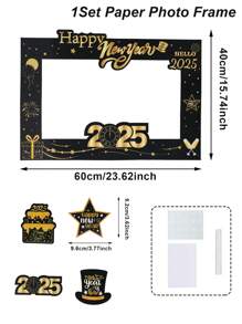 一套黑色和金色2025新年图案纸质相框装饰，适用于圣诞节、新年、生日派对拍照道具、照片装饰、家居装饰、圣诞节