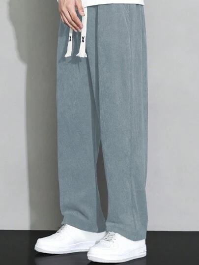 Men's Corduroy Straight Leg Casual Pants, Elastic Waist With Drawstring