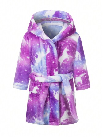 Young Girl Children Flannel Hooded Robe, Purple Pegasus Pattern, Soft & Comfortable, Suitable For After Bath, Autumn & Winter