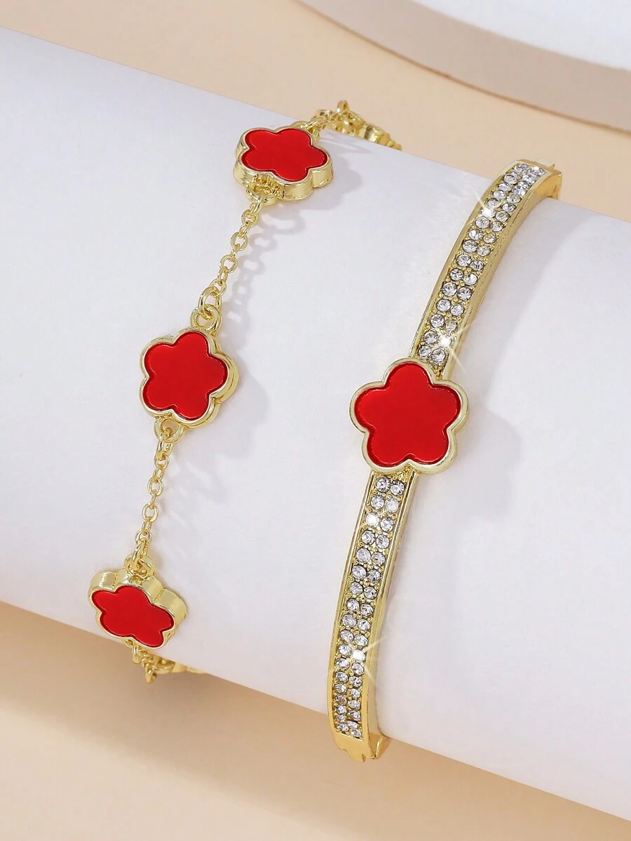 2pcs/Set Fashionable & Personalized Five-Petal Flower Cubic Zirconia Decor Bracelet Set For Women's Dating And Birthday Gift Valentines,Mom,Mother,Mother's Day,Gift - Red - View 1