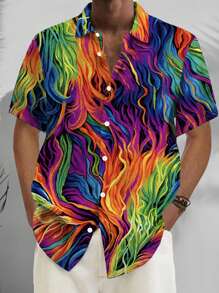 Retro Rock Music Ombre 3D Digital Print Button Pocket Short Sleeve Shirt For Men - Multicolor - View 1