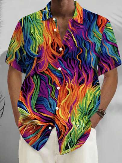 Camisa de manga corta con botones, bolsillo y estampado digital 3D degradado con temática de música rock retro para hombres