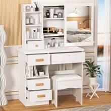 Vanity Desk With Sliding Mirror, Bedroom Dressing Table, Makeup Table With 5 Drawers & Shelves, Hidden Storage Space - White - View 11