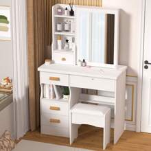 Vanity Desk With Sliding Mirror, Bedroom Dressing Table, Makeup Table With 5 Drawers & Shelves, Hidden Storage Space - White - View 7