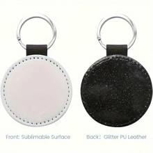 30pcs Sublimation Blanks Keychain Glitter PU Leather Keychain Heat Transfer Keyring Black Round Single Side - 30個 - 查看 3