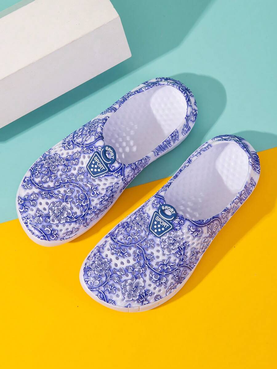 Women'S Garden Casual Slippers, Beach Sandals, Non-Slip Swimming Pool Water Shoes, Home Slippers, Blue And White Porcelain Pattern, Light And Comfortable EVA Hole Shoes - 藍色 - 查看 1