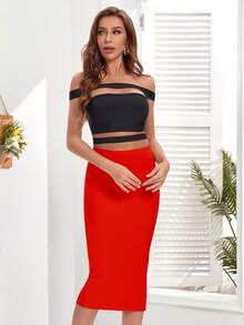 Women High Slit Maxi Bodycon Skirt - Red - View 4