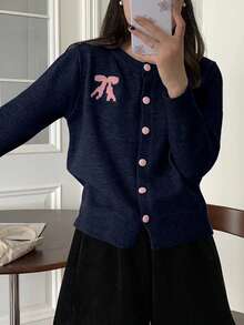 可爱蝴蝶结纽扣针织开衫，春秋 - 藏蓝色 - 查看 5
