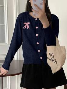 可爱蝴蝶结纽扣针织开衫，春秋 - 藏蓝色 - 查看 4