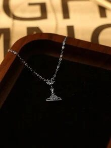 1 件 925 纯银镀白金五角星方晶锆石项链吊坠 - 优雅简约的土星轨道设计，适合女性日常、度假和派对佩戴 - 銀色 - 查看 5