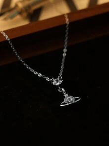 1 件 925 纯银镀白金五角星方晶锆石项链吊坠 - 优雅简约的土星轨道设计，适合女性日常、度假和派对佩戴 - 銀色 - 查看 6