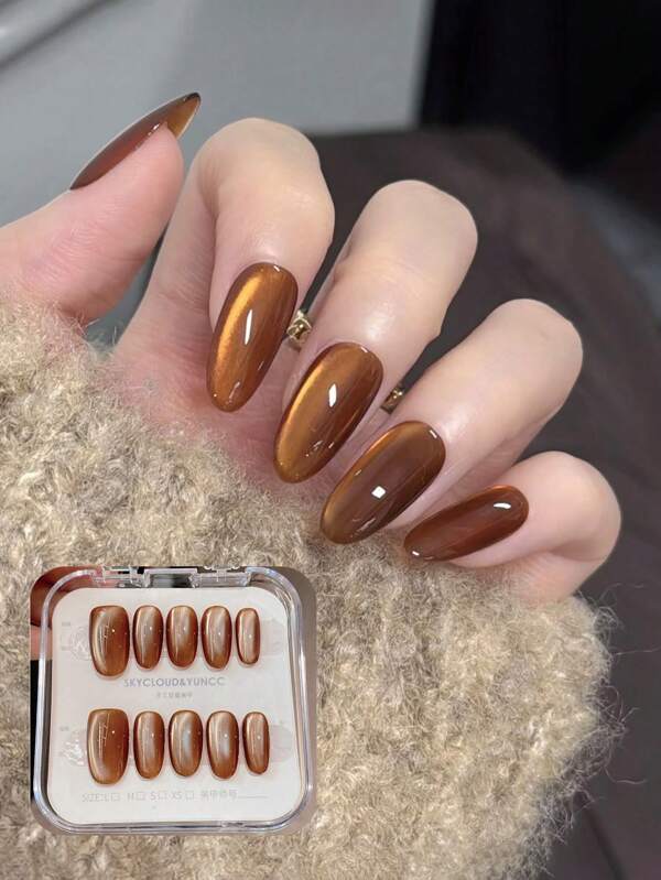 10Pcs Handmade Professional Long Nail Tips With Brown Cat Eye Effect For Nail Technician Press On Nails Nail Supplies Nails