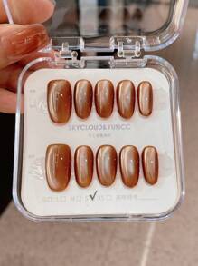 10片手工制作美甲贴片，圣诞礼物，圣诞装饰，秋冬美甲，圆形美甲，秋季美甲，按压式美甲，短款按压式美甲，假指甲，短款美甲，亚克力按压式美甲，手工制作，可拆卸可重复使用 - 棕色 - 查看 4