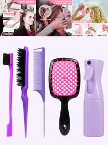 5pcs/Set Professional Hair Styling Tool Kit Includes 200ml Fine Mist Spray Bottle, Teasing Brush, Steel Tail Comb, Double-Ended Eyebrow Brush, Hollow Comb, Suitable For Salon, Stylist, Daily Use And DIY Hair Styling - Multicolor - View 2