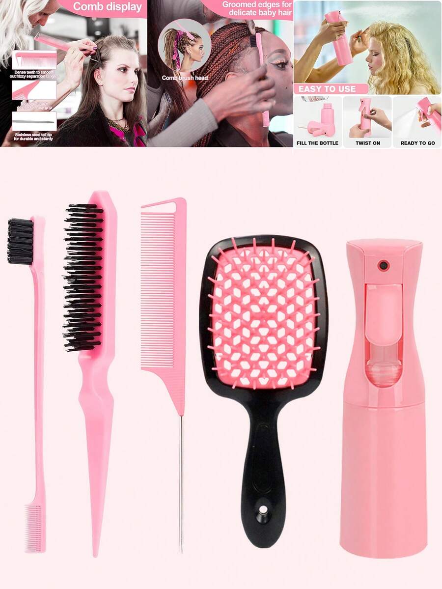 5pcs/Set Professional Hair Styling Tool Kit Includes 200ml Fine Mist Spray Bottle, Teasing Brush, Steel Tail Comb, Double-Ended Eyebrow Brush, Hollow Comb, Suitable For Salon, Stylist, Daily Use And DIY Hair Styling - Multicolor - View 1