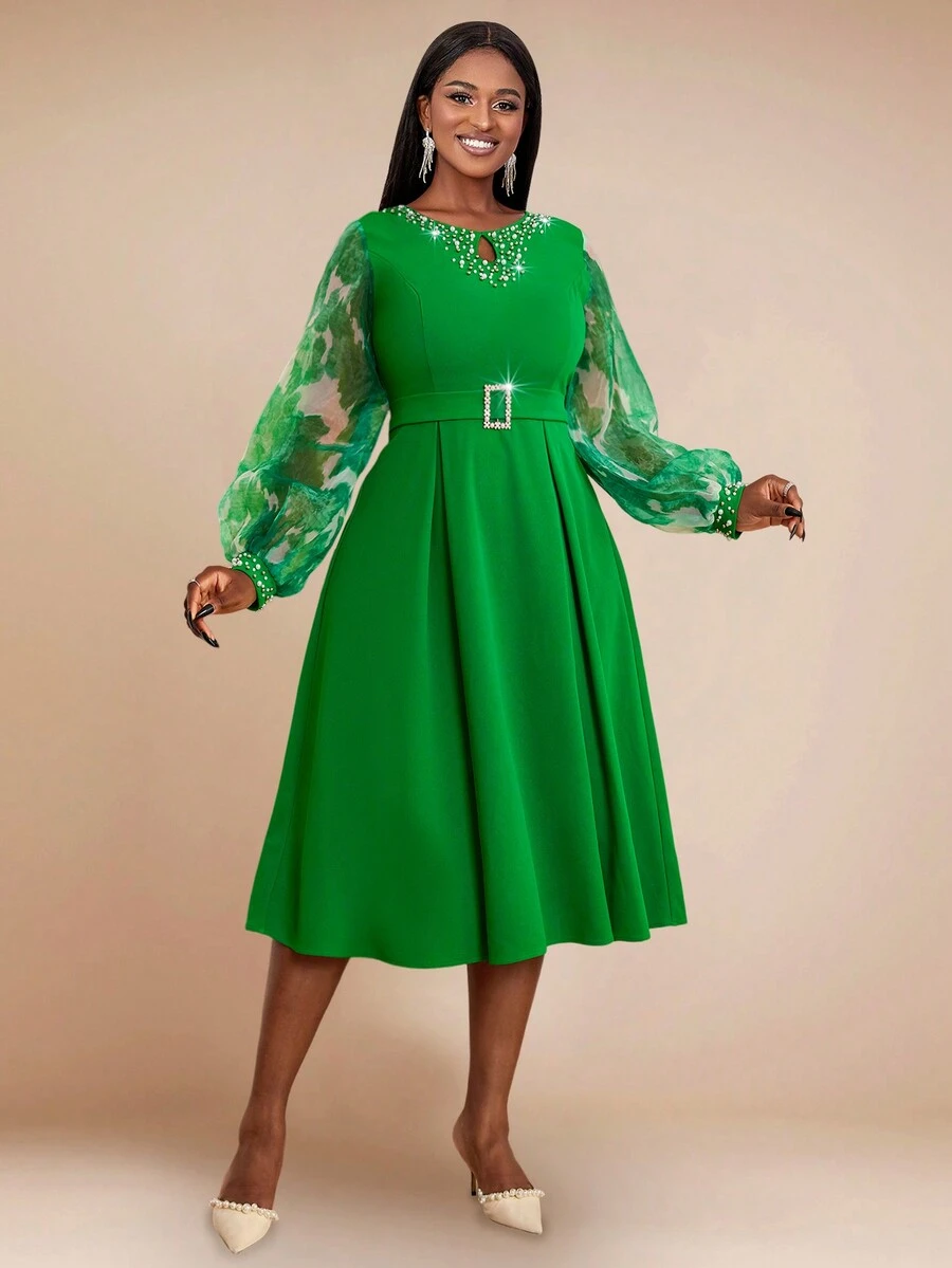 泡泡袖数码印花水晶纽扣前褶皱 A 字型派对礼服，优雅长袖鸡尾酒半正式舞会礼服，适合生日、婚礼嘉宾、毕业典礼、晚宴、返校节