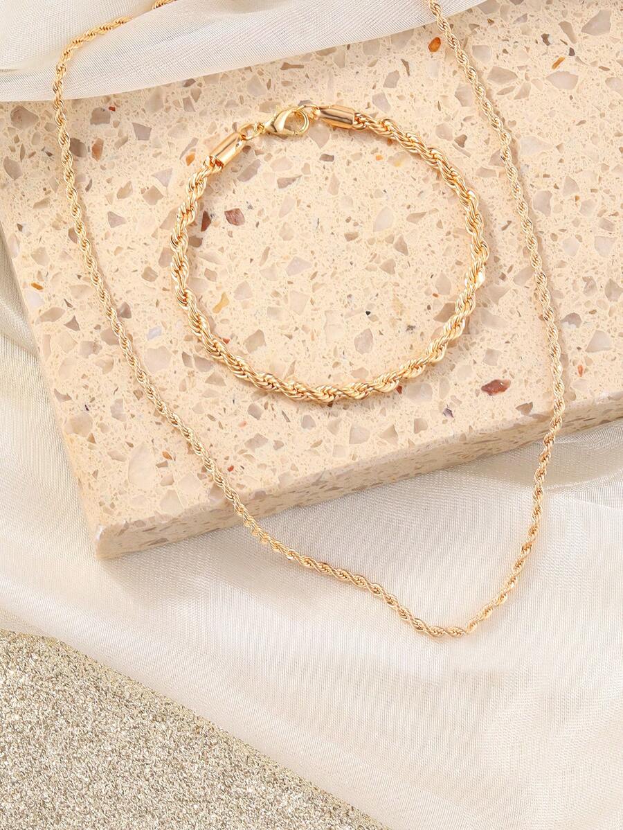 2pcs/Set Minimalist Stainless Steel Twist Chain Necklace And Bracelet Jewelry Set, Stylish Street Fashion For Boy And Girl - Gold - View 1