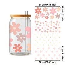 4 piezas Pegatinas de la serie de flores de dibujos animados con transferencia UV DTF para hoja de pegatinas resistente al agua para vasos de vidrio Libbey de 16 onzas, tazas decorativas, útiles escolares, manualidades y suministros de arte DIY, pegatina de transferencia