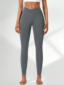 Women High Waist V-Shaped Cross Waist Hip Tight Yoga Pants With Side Pockets, Slimming Compression Tights For Fitness, Pilates, Quick Dry - Dark Grey - View 3
