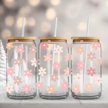 4 piezas Pegatinas de la serie de flores de dibujos animados con transferencia UV DTF para hoja de pegatinas resistente al agua para vasos de vidrio Libbey de 16 onzas, tazas decorativas, útiles escolares, manualidades y suministros de arte DIY, pegatina de transferencia