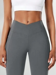 Women High Waist V-Shaped Cross Waist Hip Tight Yoga Pants With Side Pockets, Slimming Compression Tights For Fitness, Pilates, Quick Dry - Dark Grey - View 7
