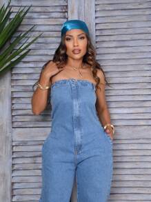 Strapless Denim Jumpsuit - Azul lavado medio - Ver 6