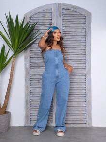 Strapless Denim Jumpsuit - Azul lavado medio - Ver 4