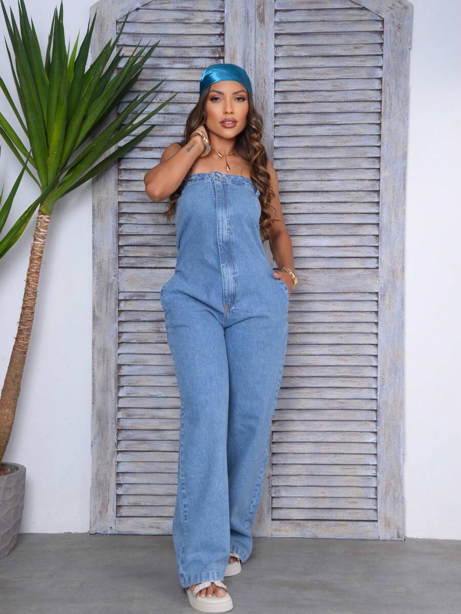 Strapless Denim Jumpsuit - Azul lavado medio - Ver 1