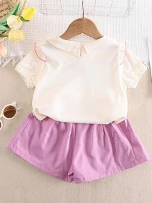 Bộ 2 món/Bộ đồ liền thân thêu hình trái tim cổ bèo nhún cho bé gái tay ngắn và váy xòe, mùa hè - Màu be - Xem 6