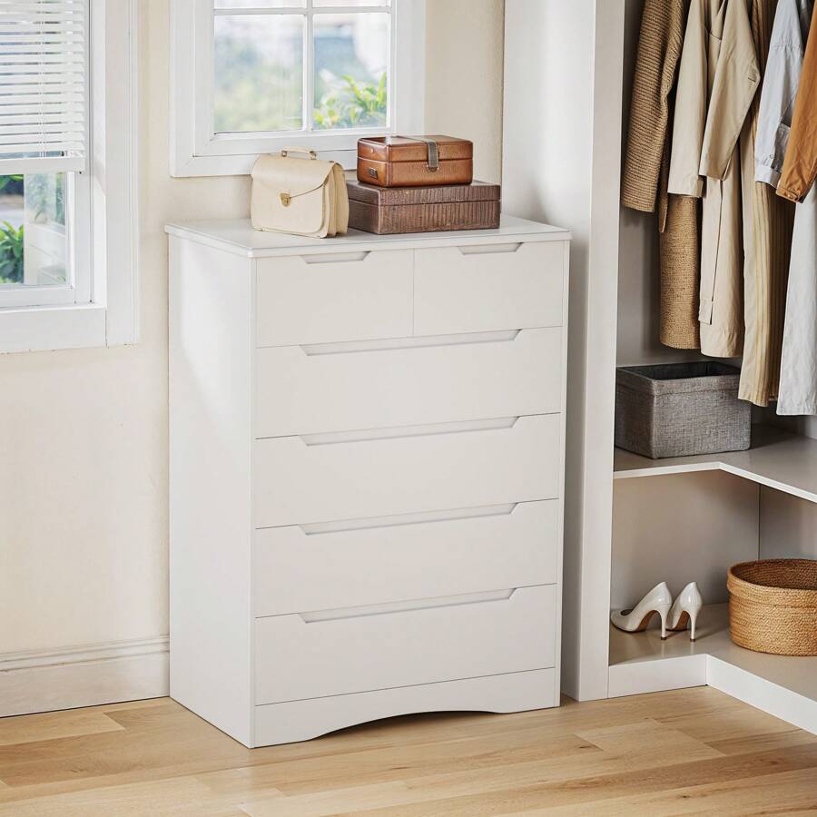 6 Drawer Dresser, Vanity De Maquillaje  With Large Storage  Furniture , Dresser For Bedroom With Embedded Handle, Tall Dresser And Organizer With Anti-Tripping, Wooden Dresser Cabinet For Office, Living Room, Entryway, Room Decor, White, Christmas - 白色 - 查看 1