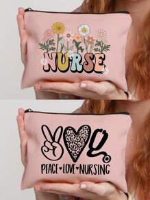 1pc Makeup Bag, Portable Toiletries Bag, Nurse Printed Women'S Portable Makeup Bag With Zipper Travel Bag Storage Box, Nurse Patterned Makeup Bag, Women'S Makeup Bag Travel Toilet Organizer, Back To School Doctor Teacher Gift, Love Flower Leopard Print Letter Pattern, Suitable For Daily Use, Appointments, Birthdays, Holidays, Back To School, Summer, Beach, Travel, Commuting, Students, Picnics, Camping, Daily Storage Makeup Bags Makeup Organizer Make Up Organizer Makeup Storage Makeup Pouch Make Up Pouch - Pink - View 21