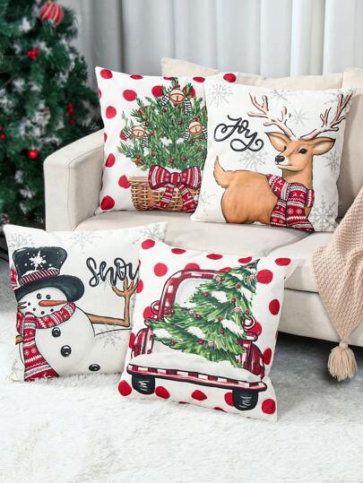 4 件圣诞装饰枕套亚麻方形靠垫套 45*45 厘米，圣诞雪人&EIK&圣诞树汽车风格软枕套适用于圣诞派对家庭房间沙发椅装饰圣诞装饰品，圣诞靠垫套，圣诞沙发装饰圣诞枕套，圣诞房间装饰，圣诞礼物，2026 新年装饰，不含枕芯圣诞装饰圣诞装饰圣诞装饰