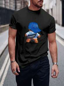 Hombres Camiseta con estampado de letra y dibujos animados - Negro - Ver 1