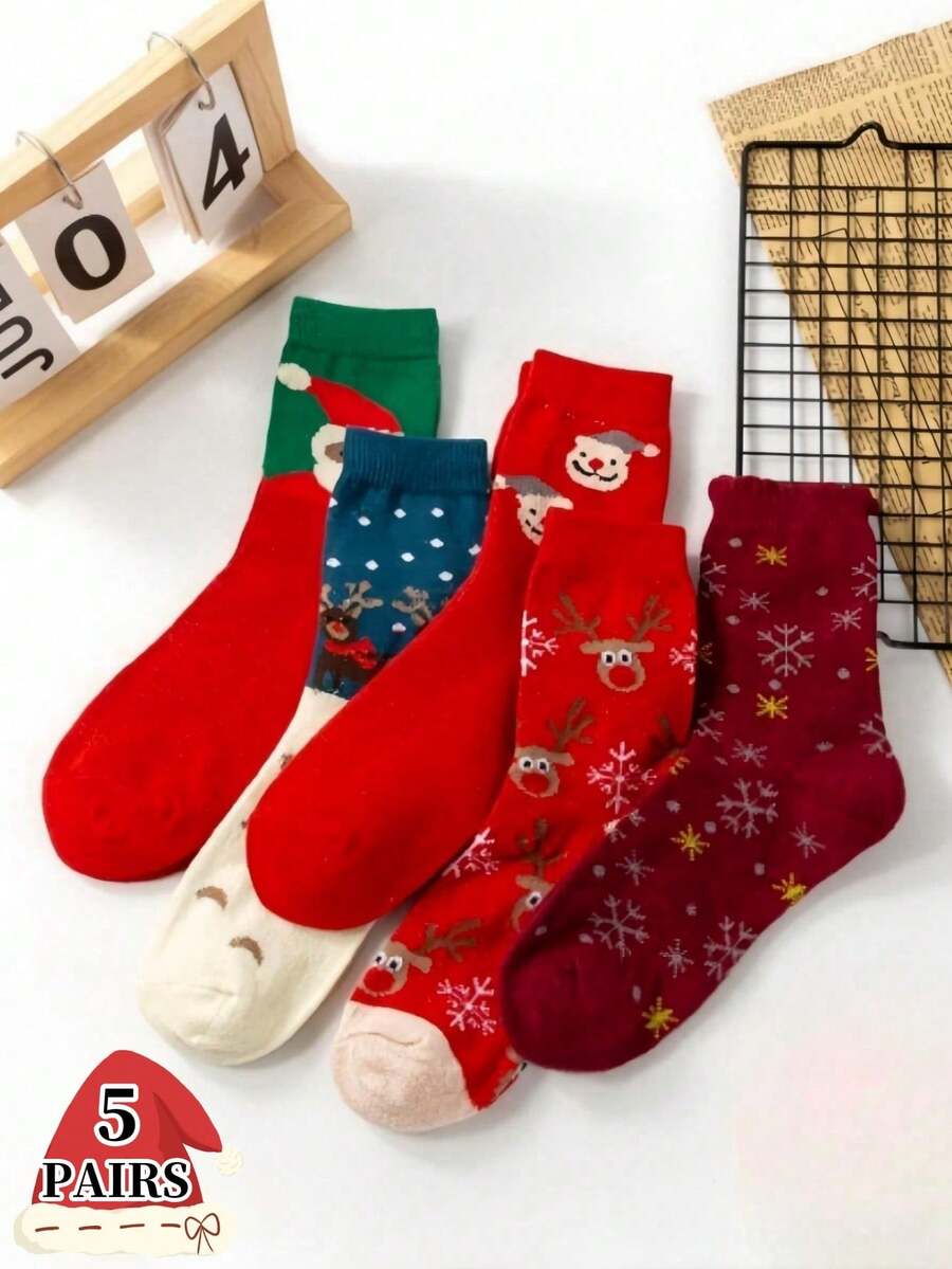 5prs/Pack Unisex Snowman & Deer Patterned Knee-High Socks, Suitable For Party, Christmas Decoration, Daily Wear Or Gift, All Season