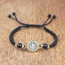 Elegant Men's Fashion Saint Benedict Bracelet - Zinc Alloy, Non-Magnetic, Adjustable Black Rope Cord - Round - View 8