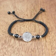 Elegant Men's Fashion Saint Benedict Bracelet - Zinc Alloy, Non-Magnetic, Adjustable Black Rope Cord - Round - View 6